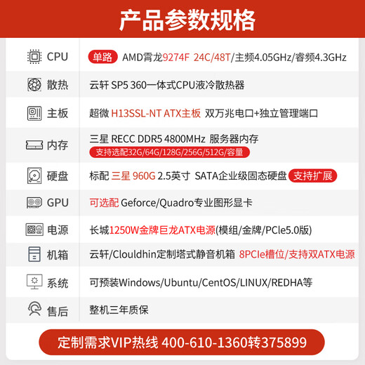 cloud hin云轩AMD EPYC9005数据分析DeepSeek本地部署塔式工作站GPU服务器电脑主机 AMD EPYC 9274F 64G内存丨960G固态丨RTX A6000