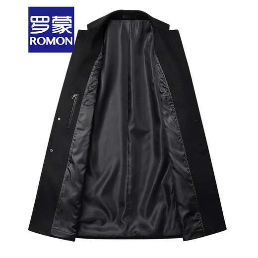 ROMON woolen coat for men autumn and winter new slim mid-length wool trench coat for middle-aged and young cashmere thickened woolen coat for men 5862 black [model] regular XL