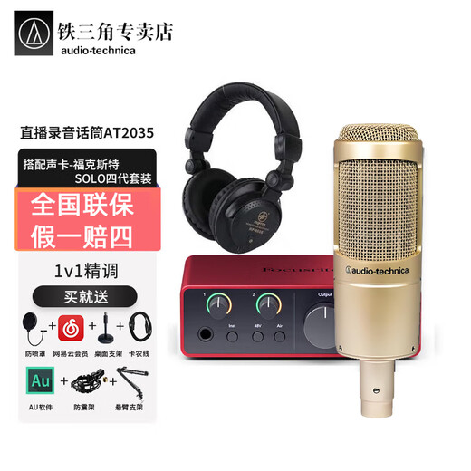 Audio-Technica AT2035 professional condenser microphone, computer live broadcast of karaoke, dubbing, audiobook, voice hall professional recording microphone at2035+Focus solo4+ free 1v1 tuning