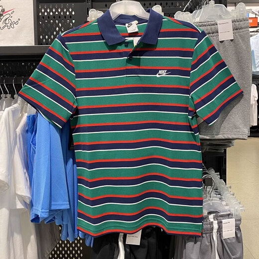 
Nike striped short-sleeved T-shirt in summer new sportswear loose casual breathable lapel POLO shirt top FN3897-410 blue and green stripes L