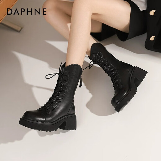 Daphne (DAPHNE) official thick-soled Martin boots for women 2024 new autumn black short boots for women British style small boots for women versatile black [main picture thick-soled V-mouth-6.5cm] 36