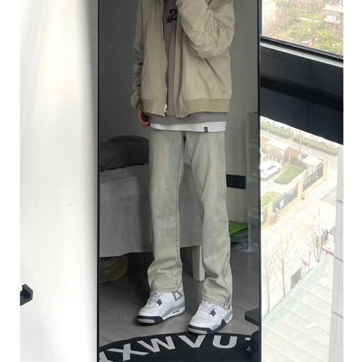 迪伽达美式复古vibe裤子高街水洗黄泥染牛仔裤男秋季直筒微喇长裤子男 WKXS-K679黄泥色 M【建议90-105斤】