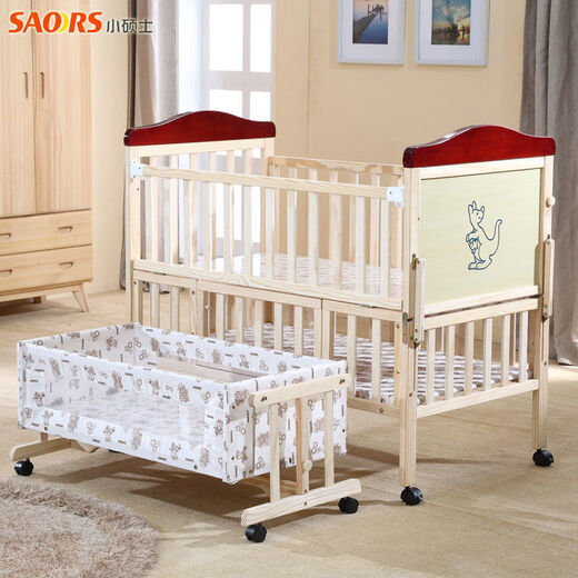 Master's degree (XS) crib solid wood splicing large bed mobile baby cradle children's bed new multi-functional environmentally friendly European style pine wood paintless single bed (6-piece set for sleeping with 6 pieces) + brown pad