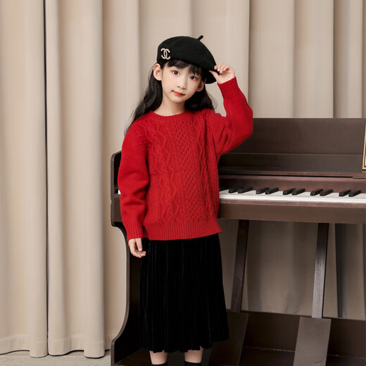 BUBBLE ORANGE parent-child outfit for a family of three or four in autumn and winter, red New Year's festive sweater, Chinese style high-end knitwear, full family outfit, burgundy parent-child outfit, baby size 130 (recommended height 125-135cm)