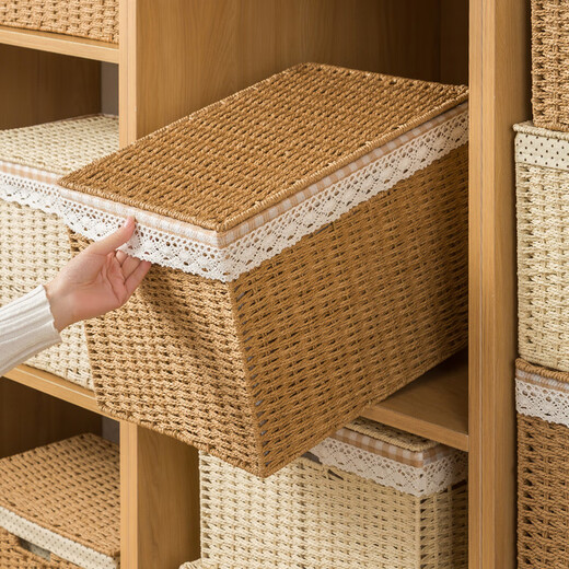 Yunduo storage box household imitation rattan straw Japanese woven storage basket toys snacks clothing sundry storage box coffee color polka dot lining small size 31*21*15.5cm