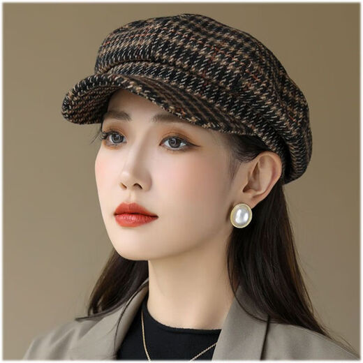 Pisces Rabbit Beret Autumn and Winter Fashion Women's Versatile Korean Style Western Houndstooth Retro British Octagonal Hat Women's Hat Houndstooth Octagonal Hat - Black One Size Head Circumference (55-58cm Adjustable)
