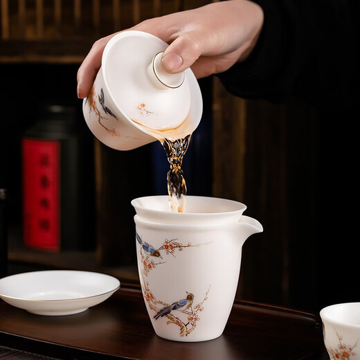 Shengye Mingdao Kung Fu Tea Set Set Suet Fat Jade Ceramic Tea Cup Fair Cup Lid Bowl Home Gift Box Set Happy Eyebrows - Chinese White 10 pieces