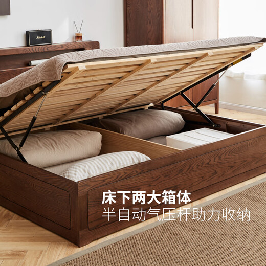Genji Muyu solid wood bed modern simple oak storage box bed Nordic bedroom double bed high bunk luminous box