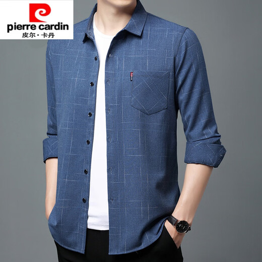 Pier Cardin High-End Pure Cotton Long-Ärmeln Hemd für Männer Frühling und Herbst Echtes Taschenmeister im mittleren Alter losen großer Hemd für Männer und Samt verdickte 6626 Blau 180/2xl 145-160jin [Jin entspricht 0,5 kg]