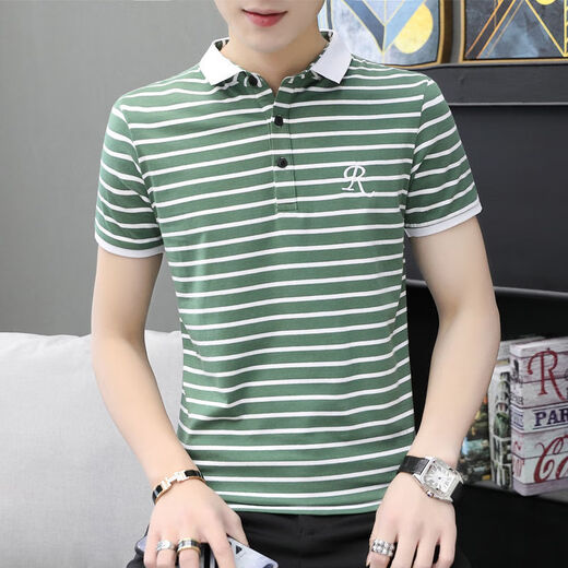 
NanYUQIU summer men's short-sleeved T-shirt striped Korean style trendy half-sleeved slim collared top clothes men's lapel 6636 brick red strips 2XL 135-150Jin [Jin equals 0.5 kg]