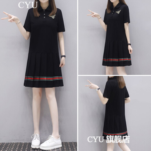 CYU European and American summer new slim little black dress polo collar short-sleeved casual splicing pleated short-sleeved dress women's black S