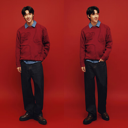 森马（Semir）毛衫男新年红色毛衣肌理感提花2025春季北极绒针织衫109125107205