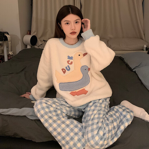 丹俏丽加厚珊瑚绒睡衣女士秋冬季甜美可爱卡通鸭子格子半边绒家居服套装 #m-5009 加厚款 M  75-100斤
