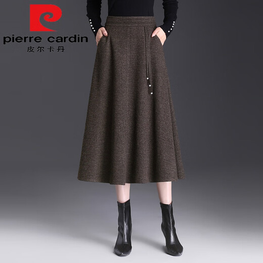 Pierre Cardin Woolen Skirt Women's Autumn and Winter Long Skirt 2025 New Chinese Style High Waist Skirt Slim Umbrella Skirt Large Hem A-Line Skirt Mocha Brown Autumn and Winter Woolen This Year's Popular Light Luxury 2XL 130-145Jin Jin is equal to 0.5 kg