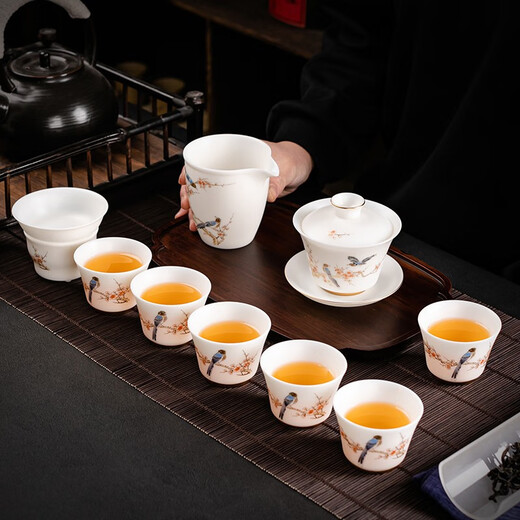 Shengye Mingdao Kung Fu Tea Set Set Suet Fat Jade Ceramic Tea Cup Fair Cup Lid Bowl Home Gift Box Set Happy Eyebrows - Chinese White 10 pieces