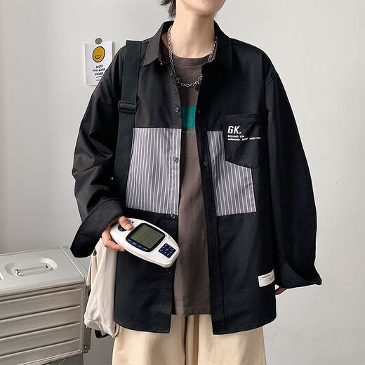 丹俏丽衬衫男士春夏季新款韩版潮流拼接印花长袖衬衣青少年宽松痞帅外套 白色 679 M