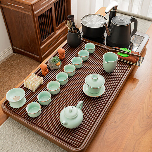 Shangfu Tea Set Fully Automatic Bamboo Tea Tray Thickened Home Tea Table Kettle All-in-One Complete Set of Kung Fu Tea Ceremony Tianxing Striped Tea Tray No Electrical Appliances