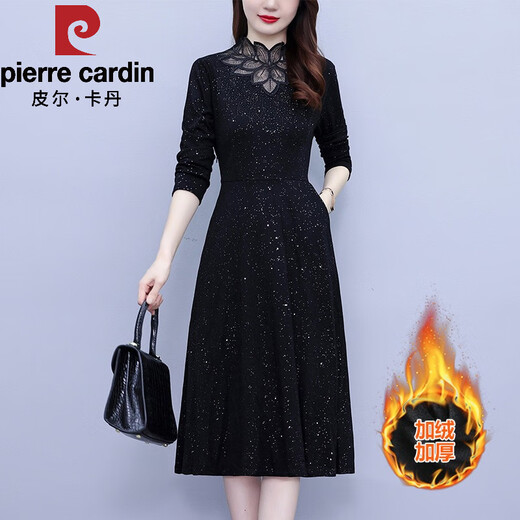 Pierre Cardin velvet thickening coat bottoming dress for women in autumn and winter new style mom fashion slim long-sleeved skirt black velvet 3XL recommended 135-150Jin Jin equals 0.5kg