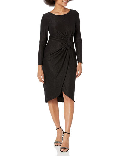 Adrianna Papell Women's Metallic Knit Dress Pleated Waist Square Neck Black 8