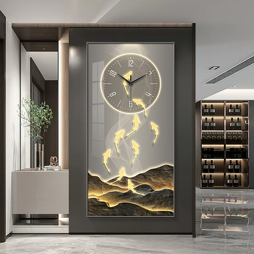 蓝迪莺现代轻奢九鱼图玄关装饰画钟表挂钟客厅走廊过道挂画创意时钟壁灯 SXS3524 50*100cm竖款+钢化膜镜面