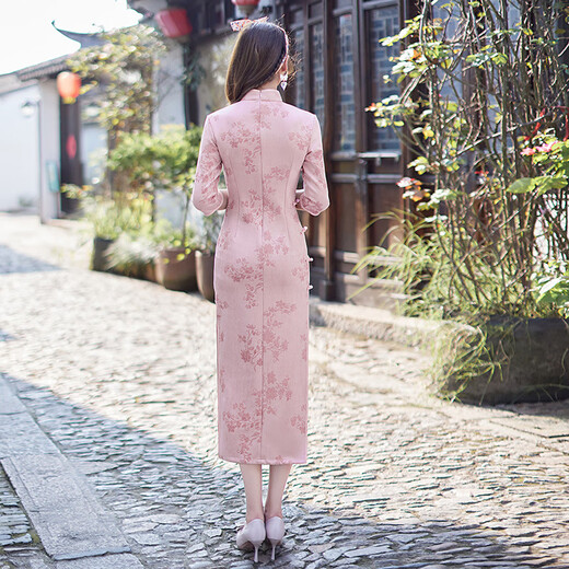 NUKM suede single layer long three-quarter sleeve daily cheongsam 2026 new improved spring and autumn Chinese style dress 6055 pink XL
