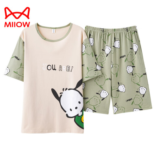 
Cat Man (MiiOW) pure cotton men's pajamas for teenagers loose large size home clothing suit summer short-sleeved cartoon summer men's style short-sleeved shorts - Q1396 light green little white teenager version - L size [85-95Jin [Jin equals 0.5 kg]]