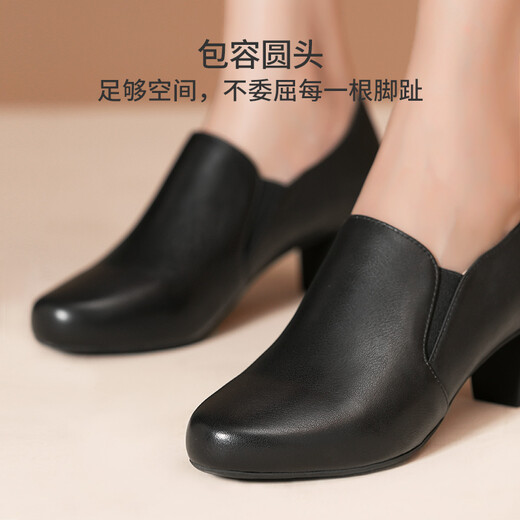 路施南黑色工作鞋女秋冬季深口单鞋真皮中跟系带皮鞋职业粗跟通勤工装鞋 黑色761(跟高5CM) 36