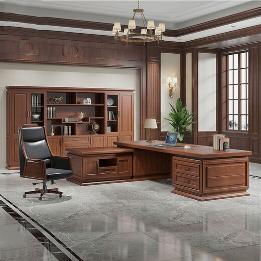 TONGTA light luxury boss desk office desk solid wood new Chinese style high-end office desk and chair combination bookcase executive desk high-end boss office furniture 3.6 meters boss table (with side table)