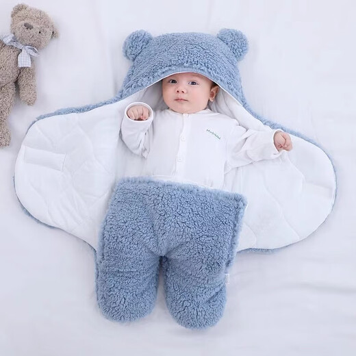 Rabbit Big Wen Baby Holding Bedle Sleeping Bag in Autumn and Winter Thickened Warm 0-1 Year Old Newborn Swabbing Clothes Clothes Anti-Shocking Outing Supplies Blue [Thickened Pure Cotton Inner] Recommended 0-6 Months