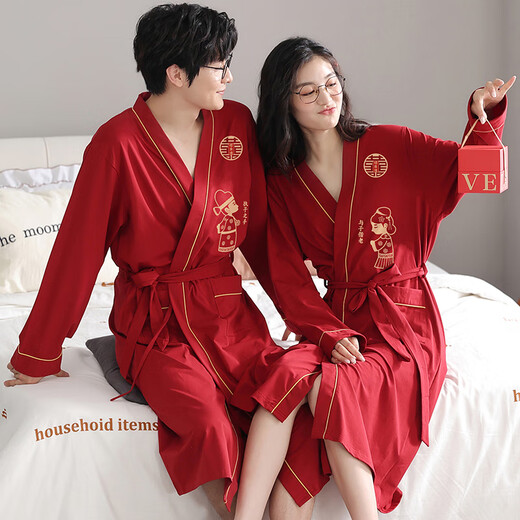 浪莎（LangSha）红色结婚情侣睡袍一男一女纯棉喜庆新婚睡衣浴袍家居服高档礼盒装 9928【礼盒装】 女L+男XL