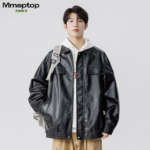 MMOPTOP American Lapel PU Leather Jacket Men's Spring and Autumn Flying Staff Jacket 6073 Agate Black 3XL