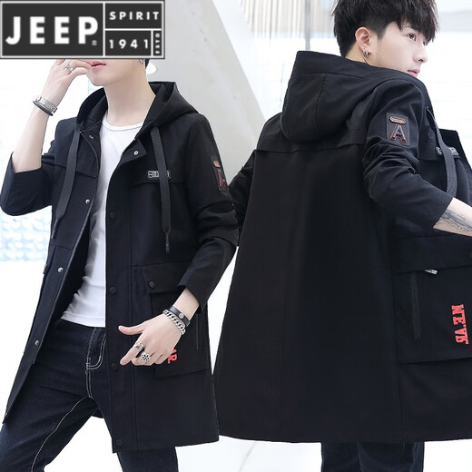 JEEP SPIRIT2023 new spring and autumn mid-length men's windbreaker Korean version slim men's over-the-knee plus velvet thickened jacket 1901 camel XL 175