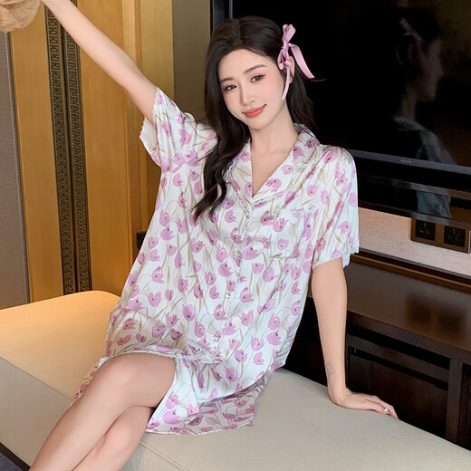 
Modal cool ice silk nightgown home clothes cardigan small lapel shirt skirt mid-length pajama skirt ice snow silk 11969 average size 80-135Jin [Jin equals 0.5 kg]