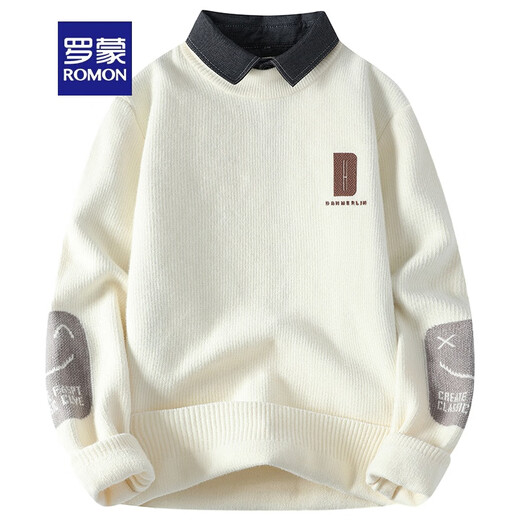 ROMON shirt collar sweater men's autumn and winter style plus velvet thickened fake two-piece sweater men's loose casual inner sweater R9901 m white plus velvet L about 110-125 Jin [Jin equals 0.5 kg] can be worn