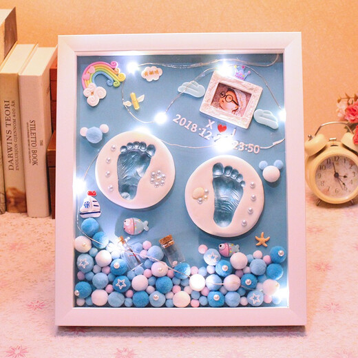 Taoshang Baby Full Moon Commemorative Hand and Foot Print Mud Newborn Baby Hand and Foot Mud Mud 100th Birthday Photo Frame 12-inch Frame Fantasy Ocean Elegant Pink + Light