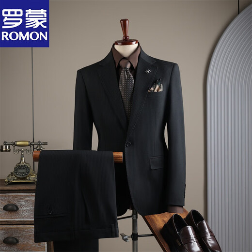 ROMON fashion striped suit suit men's business casual banquet wedding dress professional formal suit men's suit black (suit + trousers) XL 52 (125-138Jin Jin equals 0.5 kg)