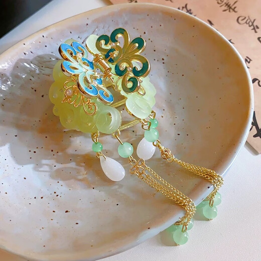 雾添花新中式古风流苏发夹女2025新款汉服侧边夹子感气质鲨鱼夹发饰 绿色-抓夹
