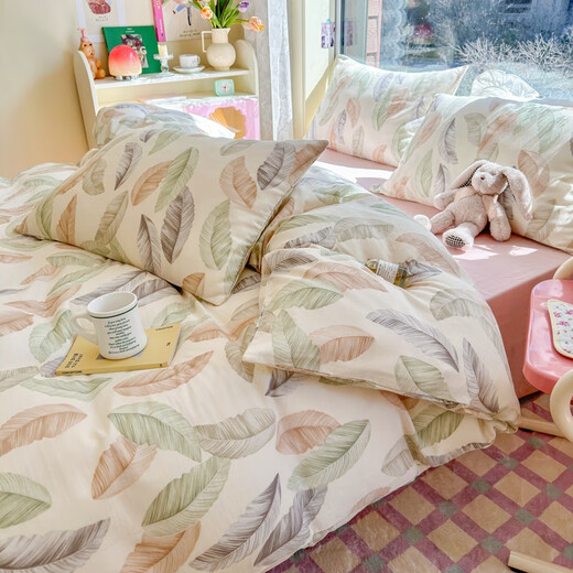 Jingsheng Bed four-piece set double-layer yarn summer bedding Yiye-yellow 1.5/1.8m bed sheet four-piece set
