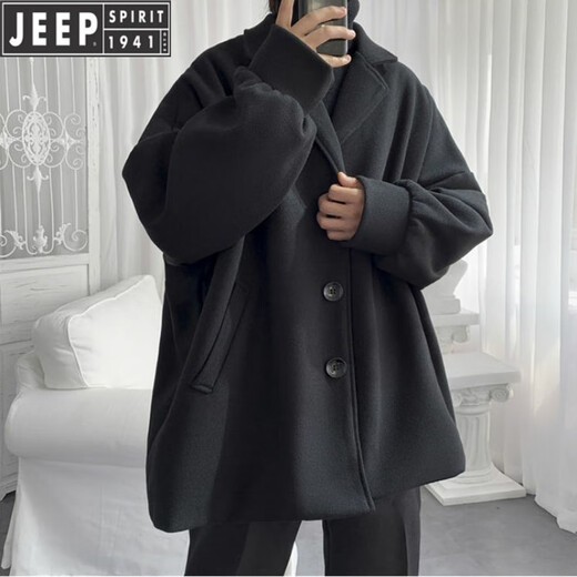JEEP new autumn and winter new cotton and thick woolen coat short popular street black coat men's loose and handsome clothes black cotton and thick XL