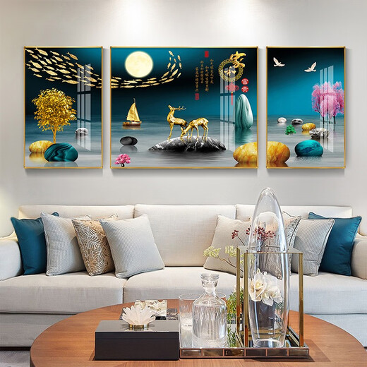 莫画泸林现代简约客厅装饰画新中式沙发背景墙壁画山水画大厅三联风景挂画 14-家和富贵12122 镜面晶瓷中间100*70边50*70黑框