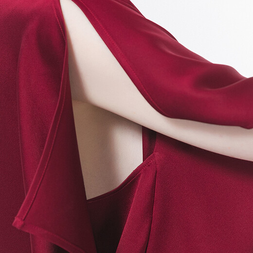 VOA silk heavy dark red round neck asymmetric short sleeve three-dimensional loose leaf elegant loose-leaf BE672 Floating red flowing elixir (H7) M