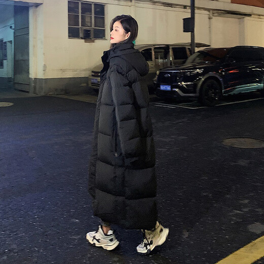Xier black long down cotton jacket for women winter new style mid-length over-the-knee loose thickened cotton jacket mid-length theater jacket black M 100-120