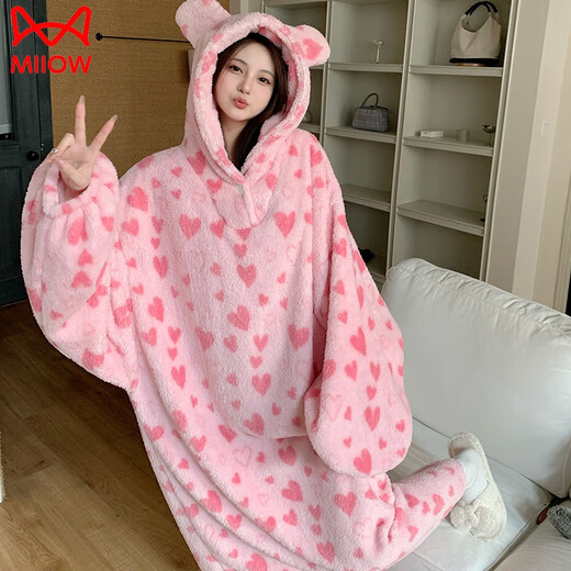 猫人（MiiOW）珊瑚绒睡袍女款秋冬季加厚加绒保暖法兰绒连帽浴袍家居服睡衣睡裙 679 粉色迷彩 165(L)
