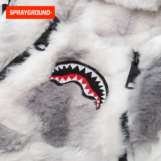 SPRAYGROUND2025 winter full-print shark mouth thickened fur coat for men and women double zipper hooded cotton coat light gray L