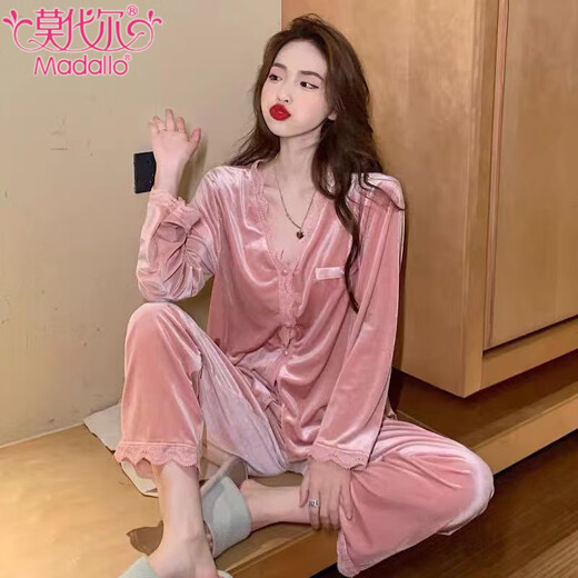 
Modal gold velvet pajamas for women in spring and autumn sexy lace lace long sleeve trousers thin velvet winter home clothing two-piece set -9923 rose red L (100-115Jin [Jin equals 0.5 kg])