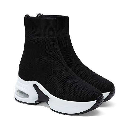 Leica Jinton elastic socks shoes for women 2024 single shoes new women's shoes inner heightened casual shoes for women air cushion thick sole high top shoes black winter plus velvet MM9759-1 36