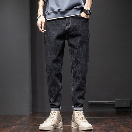 Keikura Jeans Men's Spring and Autumn New Straight Slim-fitting Small Legs Loose and Versatile Harun Long Pants Men 6621 Black Plus Fleece + 6621 Black Plus Fleece 28