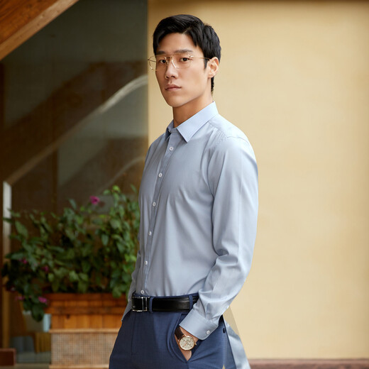 YOUNGOR long-sleeved shirt men's plain DP no-iron shirt cotton fabric comfortable, breathable, flat, anti-wrinkle and easy to care for Lake Blue 41 (175/96A)