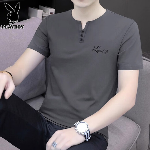 Playboy (playboy) T-shirt à manches courtes pour hommes 2025 Été Nouvelle tendance V-Neck Casual Loose Top Thin Cool Men's Clothing 5024 White L