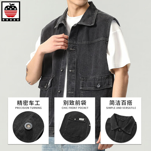 AEMAPE苹果牛仔马甲男士外套欧美潮流春季大口袋无袖上衣服潮牌背心马夹 9215#黑色 2XL（建议170 190斤）